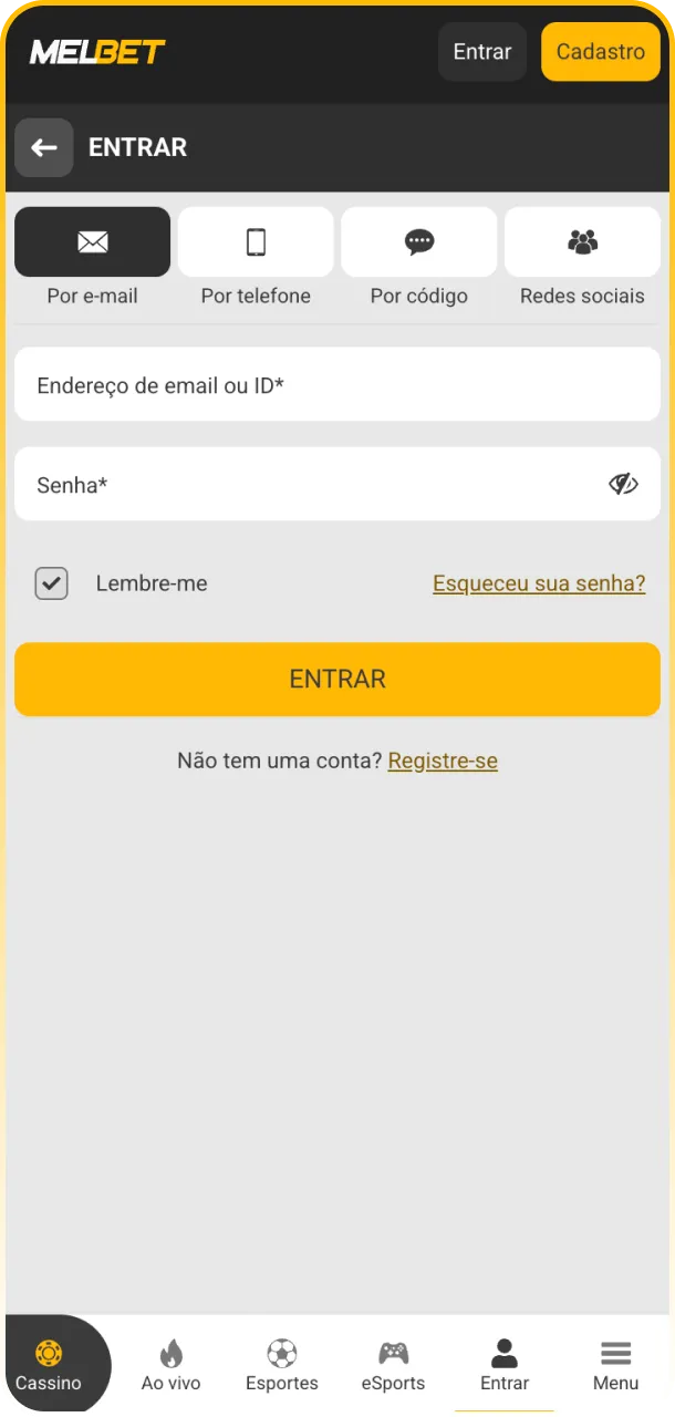 Entre na sua conta Melbet para ativar os benefícios do código promocional.
