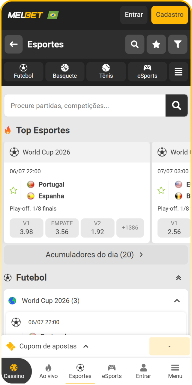 Interface da seção de apostas esportivas no aplicativo Melbet oficial.
