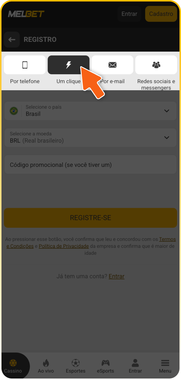 Escolha o método de cadastro ideal para criar sua conta na Melbet.