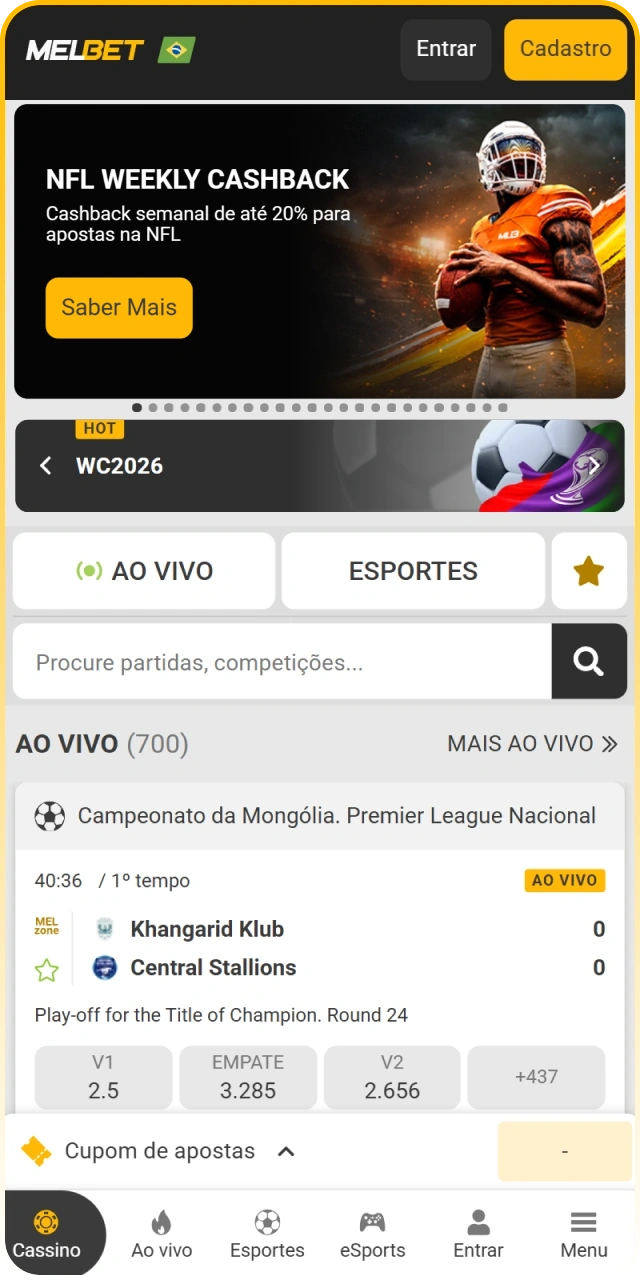Acesse a página inicial do aplicativo móvel da Melbet oficial.